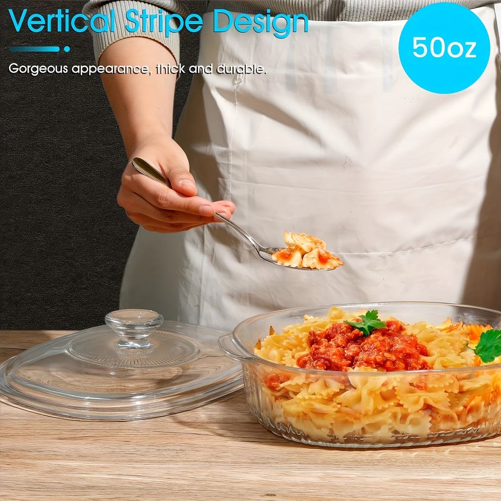 Oval Glass Baking Dish with Lid in 50oz or 85oz Sizes, Deep Transparent Borosilicate Cookware for Pasta, Casseroles, Chicken and Holiday Desserts