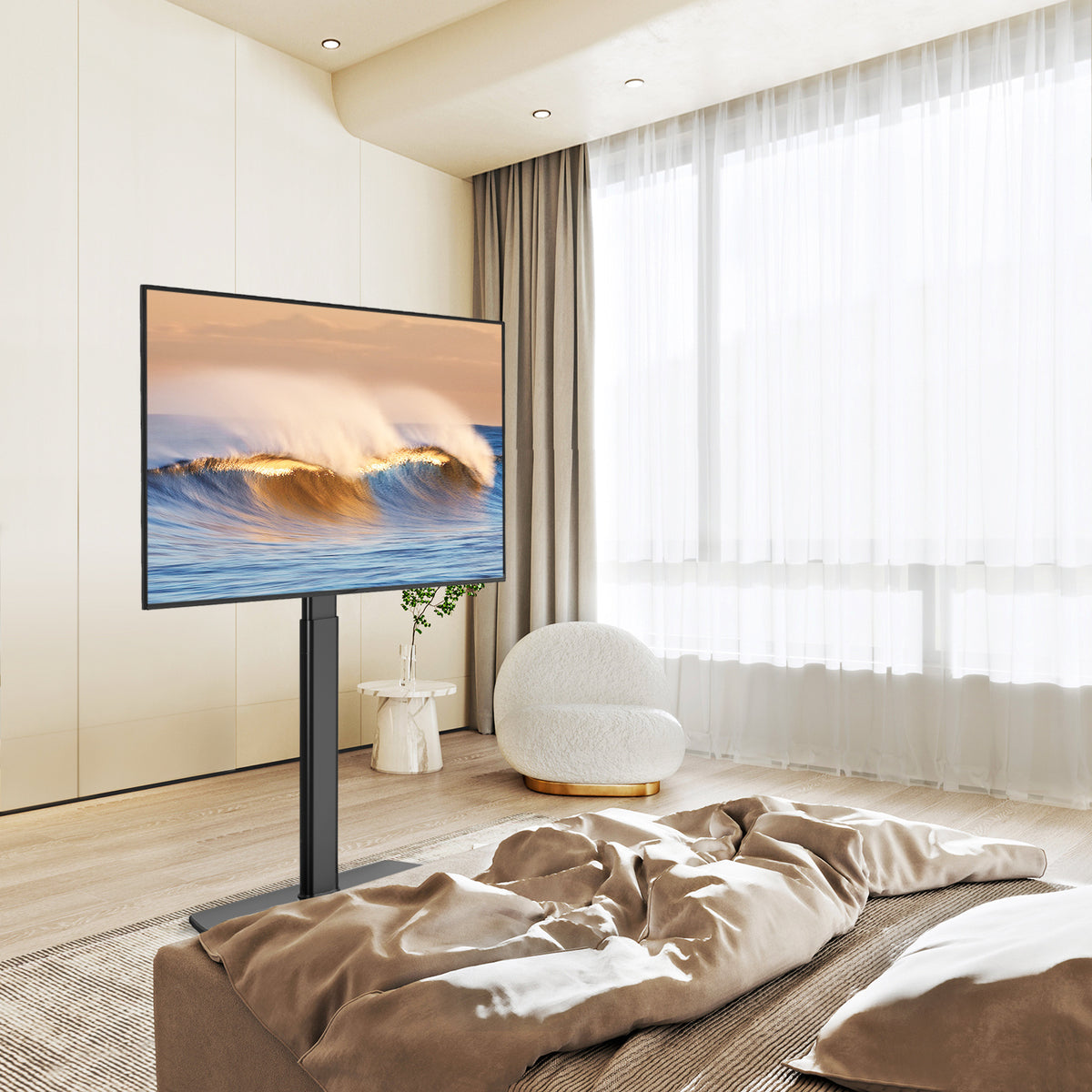Swivel TV Floor Stand with Adjustable Height and Tempered Glass Base, Cable Management and Black or White Options for Compatible 32–65 Inch Television Setups