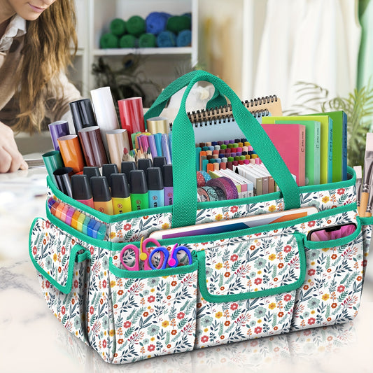 Craft Storage Tote Bag by FINPAC, Spring Floral Polyester Organizer with 12 External Pockets and Carry Handle, 14.5 x 9 x 8 Inches for Sewing and Art, Bag Only
