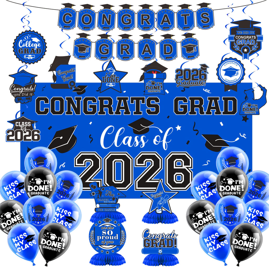 Graduation Party Decorations Class of 2026 Set with Backdrop Banner, Hanging Swirls, Balloons and Honeycomb Decor for Home Celebrations