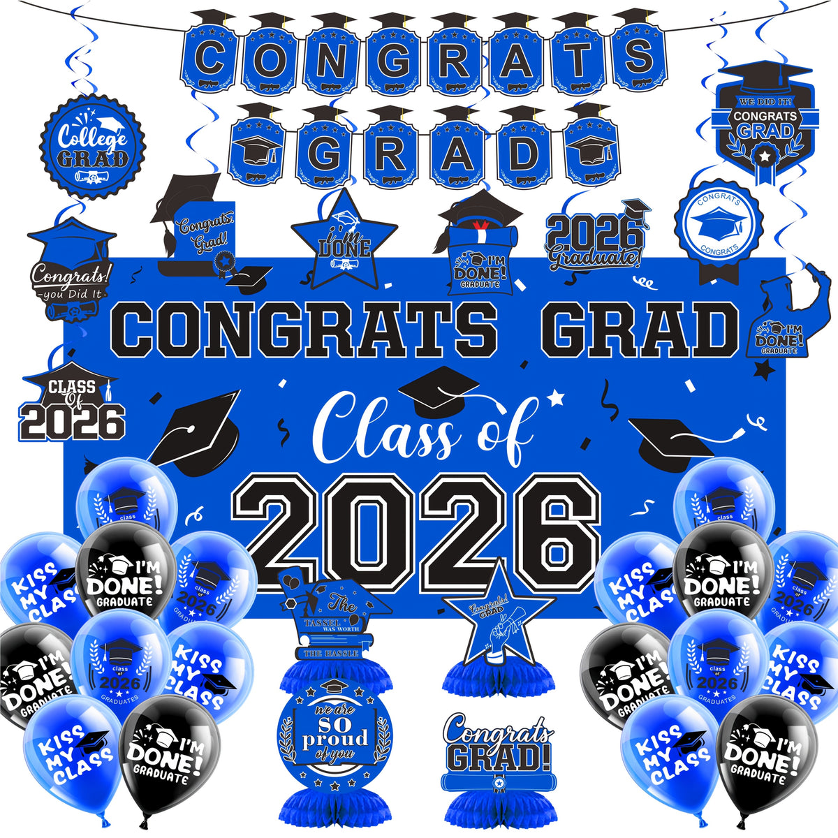 Graduation Party Decorations Class of 2026 Set with Backdrop Banner, Hanging Swirls, Balloons and Honeycomb Decor for Home Celebrations