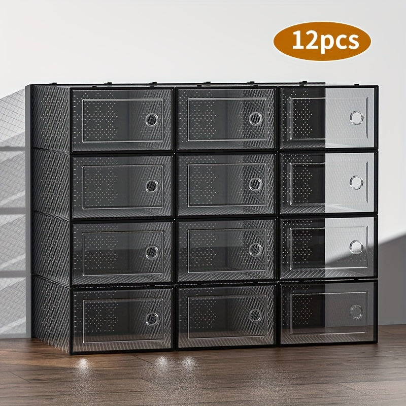 Clear Stackable Sneaker Boxes with Lids, Modular Plastic Shoe Storage Containers in Black or White and 6, 12 or 24 Pack Options for Closet Organization
