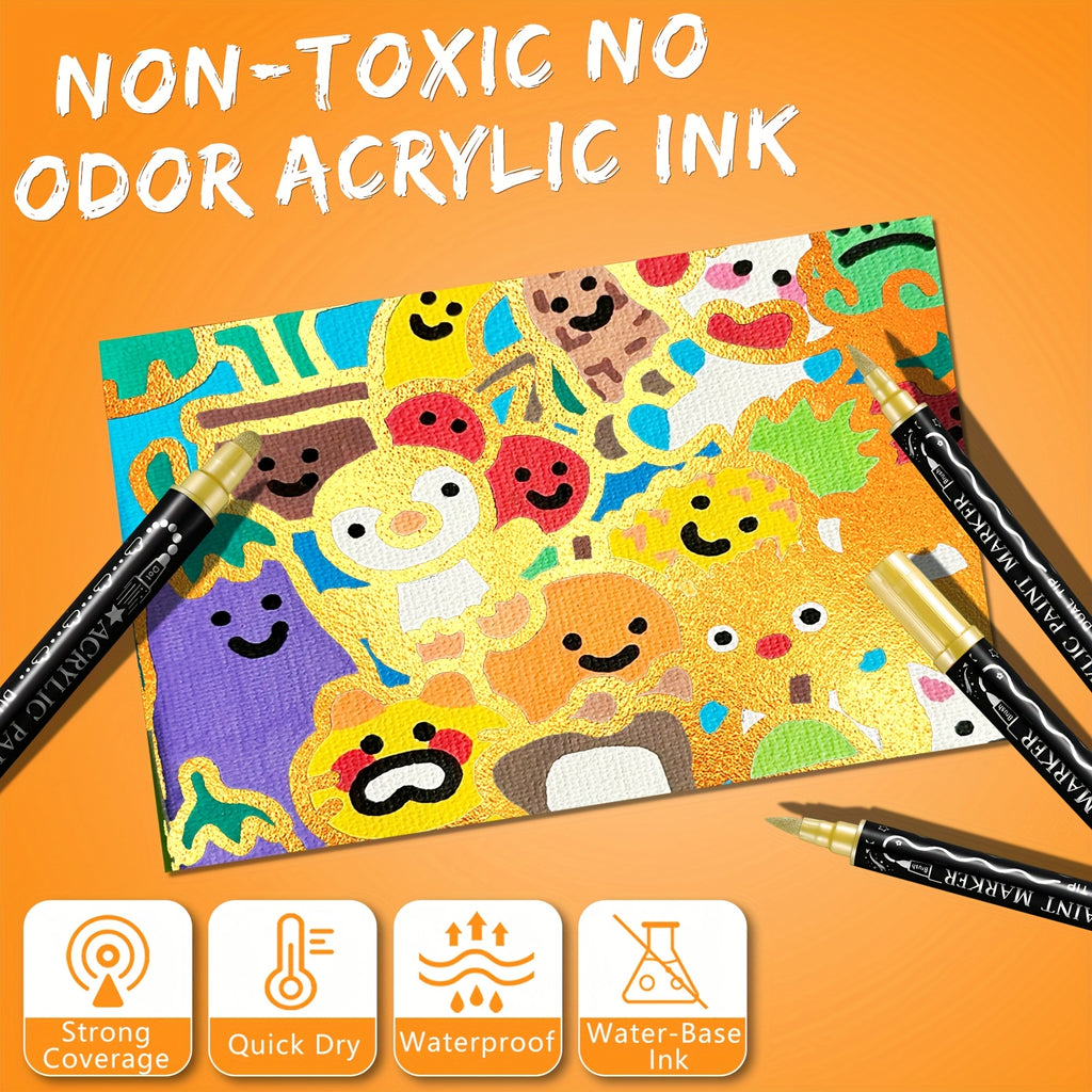 72-Piece Dual Tip Acrylic Paint Marker Set with 60 Classic and 12 Metallic Colors, Brush, Fine and Dot Tip Configurations for Decorative Craft Projects