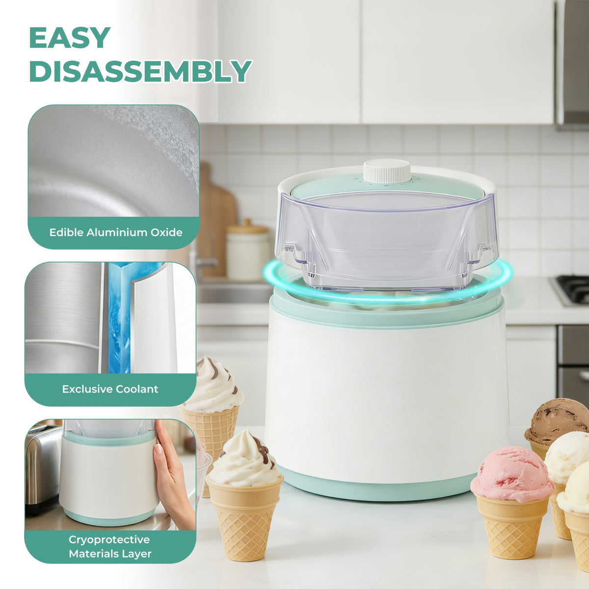 Home Ice Cream Maker with 0.8-Liter White and Green or 2-Liter Stainless Steel Color Options for Homemade Frozen Desserts, Summer Parties and Kitchen Gifts