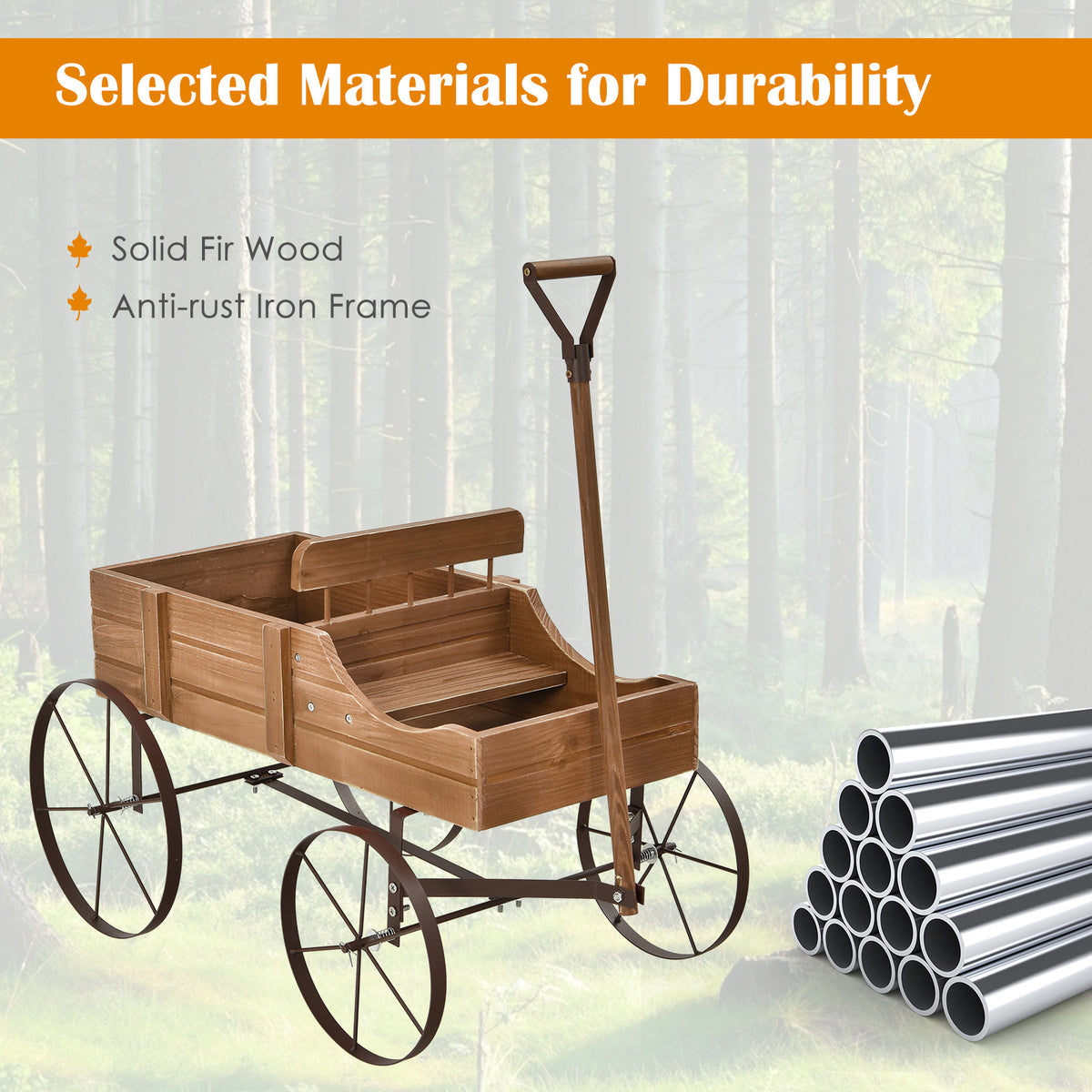 Wooden Planter Cart with Two Planting Boxes, Four Iron Wheels and Pull Handle, Painted Fir Wood Garden Flower Stand with 33lb Listed Load Limit in Five Colors