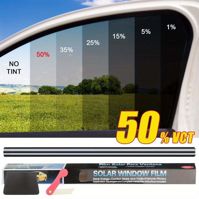 Black PET Car Window Tint Film with Six Percentage Model Labels, Listed 9.8-Foot by 20-Inch Roll with Scraper and Knife for Compatible Glass Projects