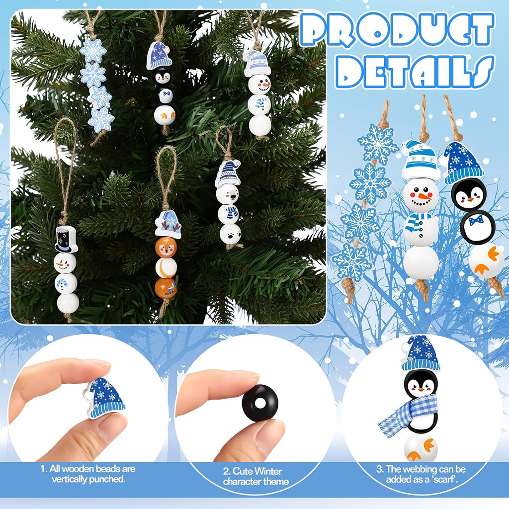 Winter Wooden Craft Beads, 100-Piece Snowman, Polar Bear, Penguin and Reindeer Theme Assortment for DIY Christmas Ornaments, Wreaths and Farmhouse Holiday Decor