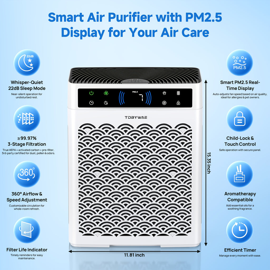 Dual Intake HEPA Air Purifier by TDBYWAE with Activated Carbon, Washable Pre-Filter, Air Quality Sensor, Sleep Mode and Aroma Pad for Home Bedrooms and Offices