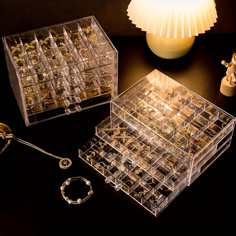 Three-Layer Jewelry Organizer with 72 Listed Compartments for Earrings, Rings and Small Accessories, Clear Storage Design with Optional Blank Painting Template