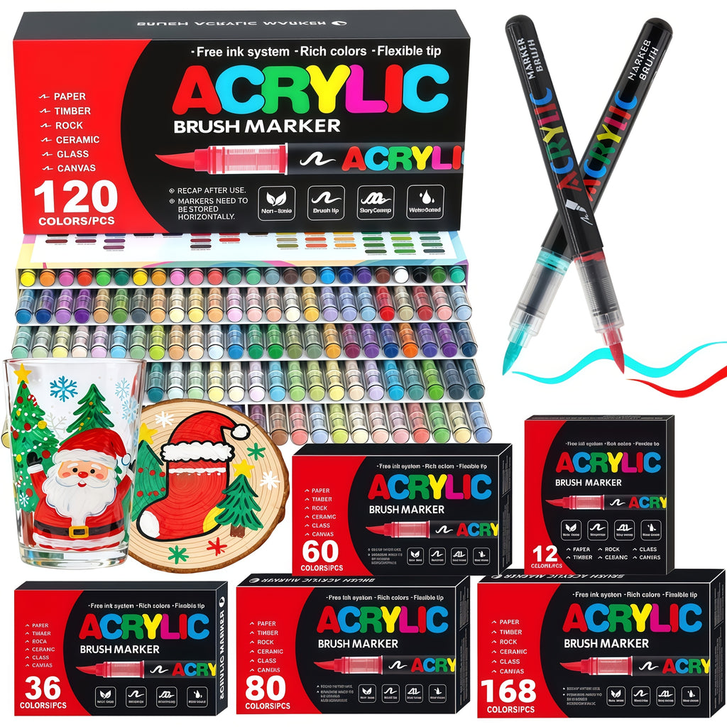 Brush Tip Acrylic Paint Markers for Rock Painting, Wood, Canvas, Glass and DIY Crafts, Art Pen Set Options from 12 Pieces to a Listed 168-Color Selection