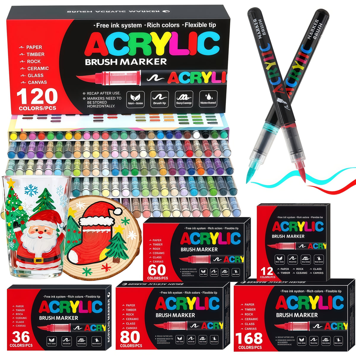 Brush Tip Acrylic Paint Markers for Rock Painting, Wood, Canvas, Glass and DIY Crafts, Art Pen Set Options from 12 Pieces to a Listed 168-Color Selection