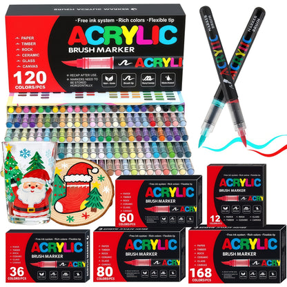 Brush Tip Acrylic Paint Markers for Rock Painting, Wood, Canvas, Glass and DIY Crafts, Art Pen Set Options from 12 Pieces to a Listed 168-Color Selection