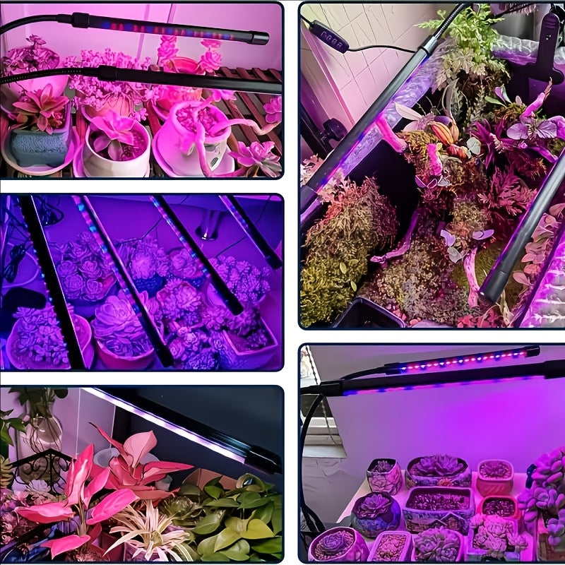 Clamp LED Grow Light with One, Three or Four-Tube Options, Listed Five Brightness Levels and 3, 9 or 12-Hour Timer for Indoor Plant Care and Home Gardening