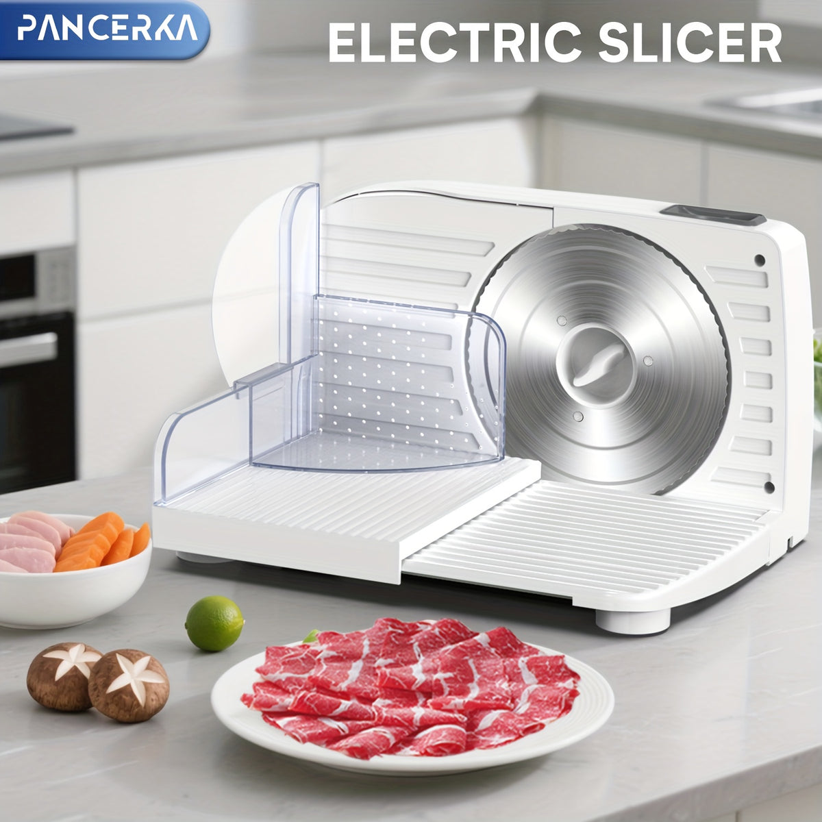 Adjustable Deli Food Slicer by PANCERKA in White, One Electric Cutting Machine with Listed 0–15mm Thickness Range and 130–200W Wording for Compatible Kitchen Foods