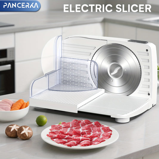 Adjustable Deli Food Slicer by PANCERKA in White, One Electric Cutting Machine with Listed 0–15mm Thickness Range and 130–200W Wording for Compatible Kitchen Foods