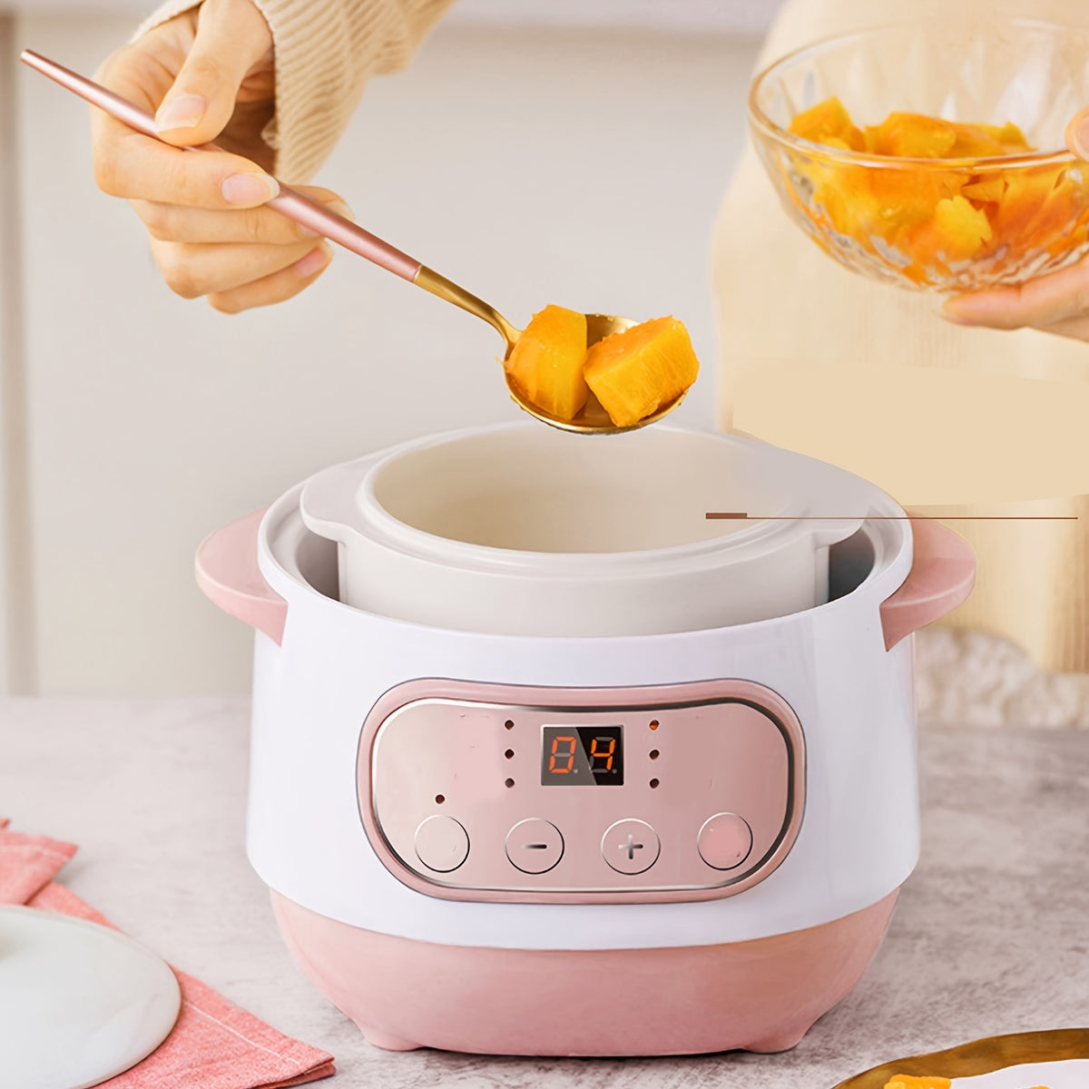 Ceramic Inner Pot Electric Stew Cooker, 1L Compact 200W Appliance with ABS Plastic Housing and Listed 24-Hour Reservation for Porridge, Rice and Soup