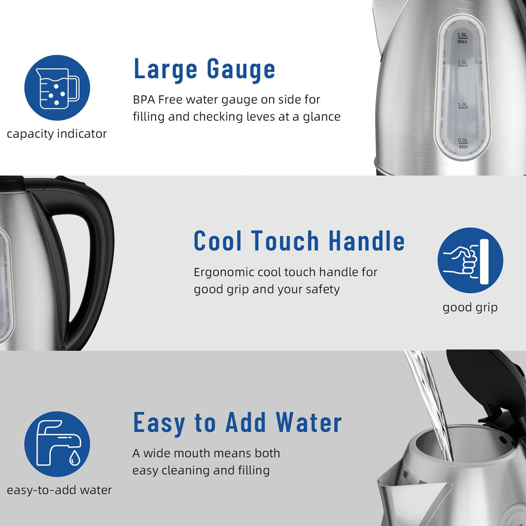 Water-Level Window Electric Kettle with Listed 1200W Power and 1.8L Capacity, Stainless Steel Model with Swivel Base, Auto Shut-Off and Boil-Dry Protection for Tea