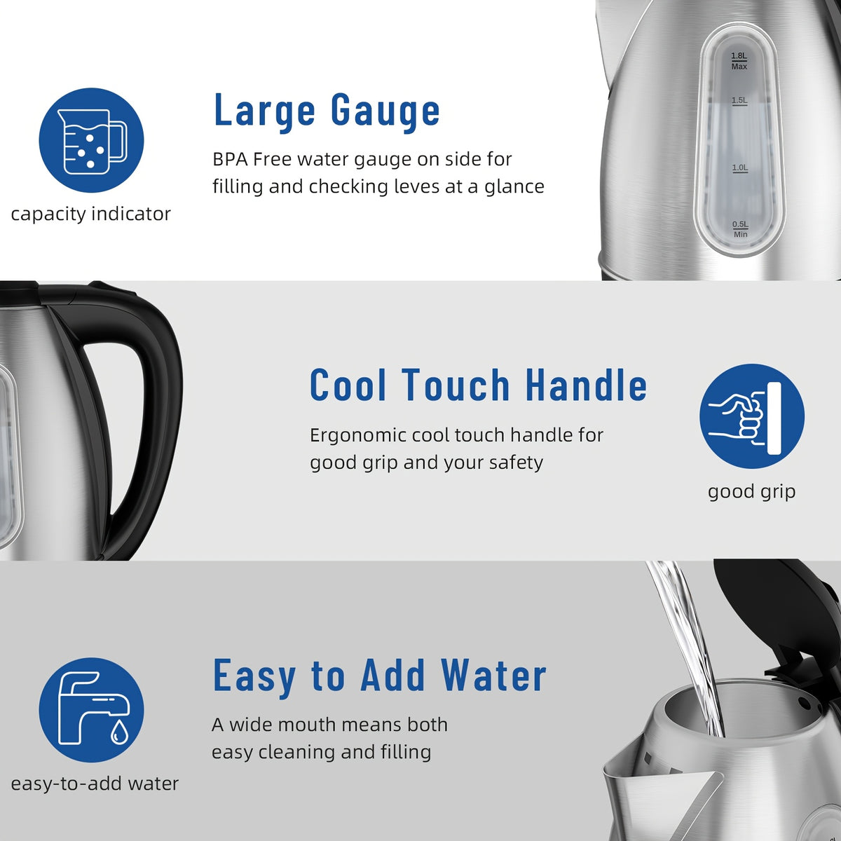 Water-Level Window Electric Kettle with Listed 1200W Power and 1.8L Capacity, Stainless Steel Model with Swivel Base, Auto Shut-Off and Boil-Dry Protection for Tea