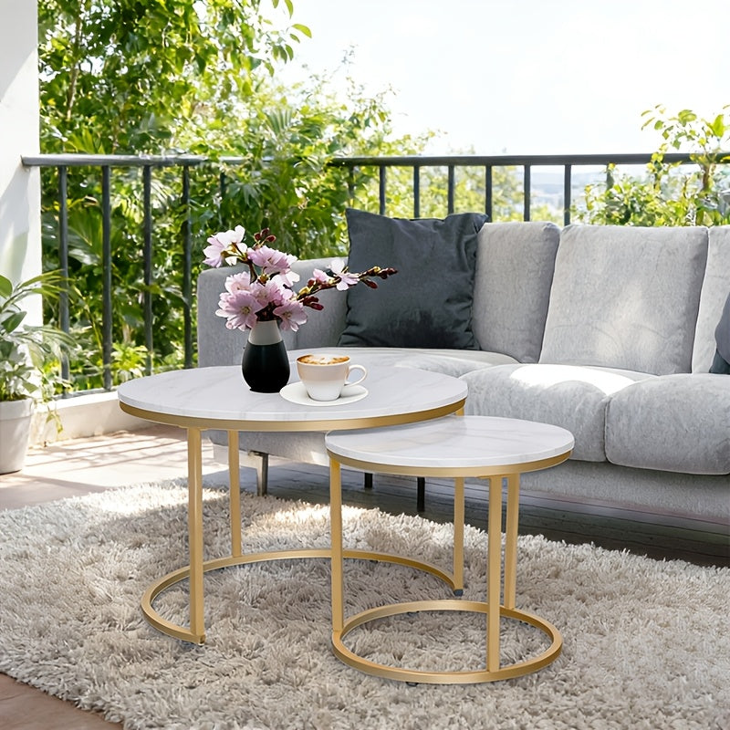 Round Nesting Tables Set of Two for Living Room and Bedroom, Modern Circular Accent Tables with Seven Finish Options Including White Faux Marble and Gold