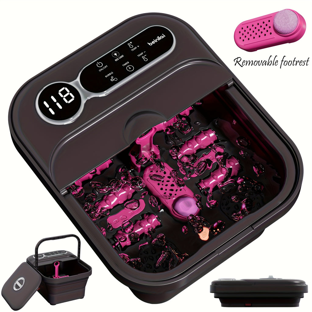 Foldable Heating Foot Spa Basin with Temperature Control, Massage Rollers, Bubbles and Pedicure Kit Wording, Portable or Rose Red Touch Model Options