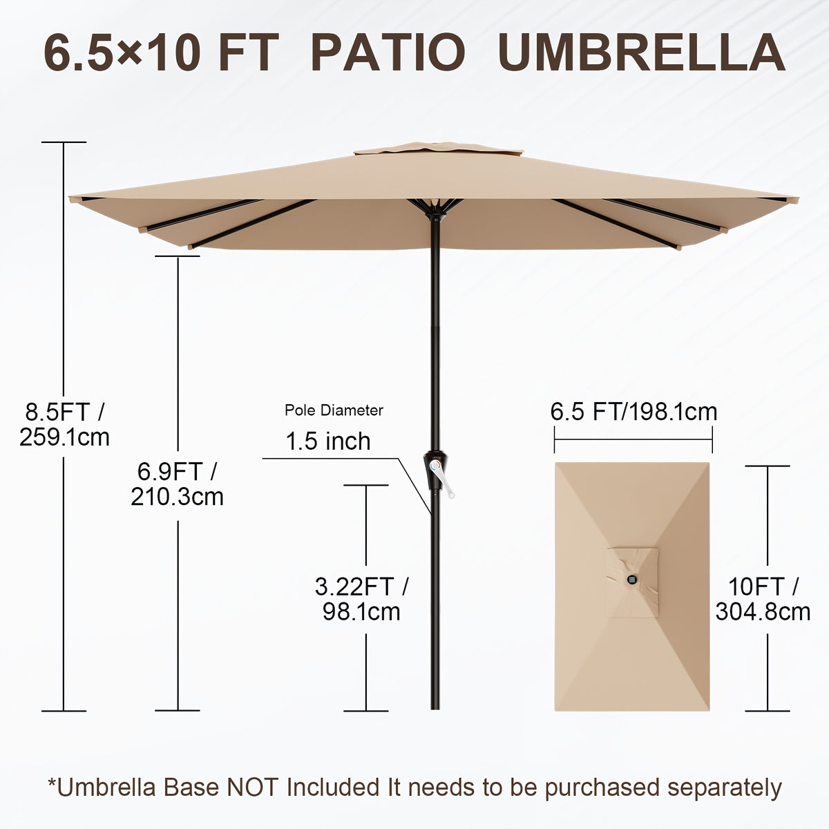 Rectangular Patio Umbrella with Listed 6.5 x 10 ft Canopy, Crank Operation and Six Ribs, Eight Color Options for Outdoor Dining Tables, Decks and Poolside Seating