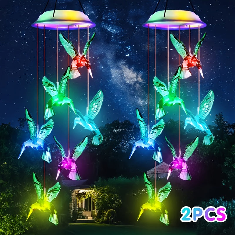 Solar Hummingbird Wind Chime Lights with Color-Changing Illumination, Single or Two-Pack Decorative Options for Garden, Balcony and Courtyard Accent Displays