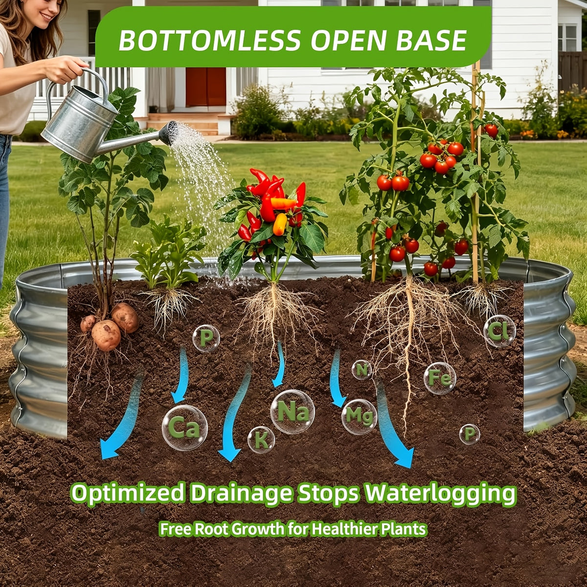 Galvanized Garden Planter Set with Listed Shovel, One or Two Metal Raised Beds with Oval or Round Design References for Outdoor Vegetable Gardening