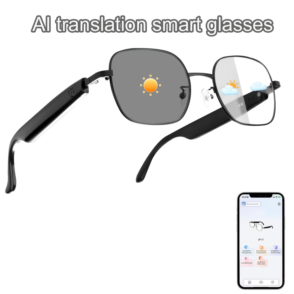160 Language Translation Smart Glasses, AI Audio Glasses with ChatGPT, HD Calls & HiFi Music, Built-in Mic & Speaker, Photochromic Lenses, Real-Time Translator Eyewear for Travel, Meetings, Men & Women