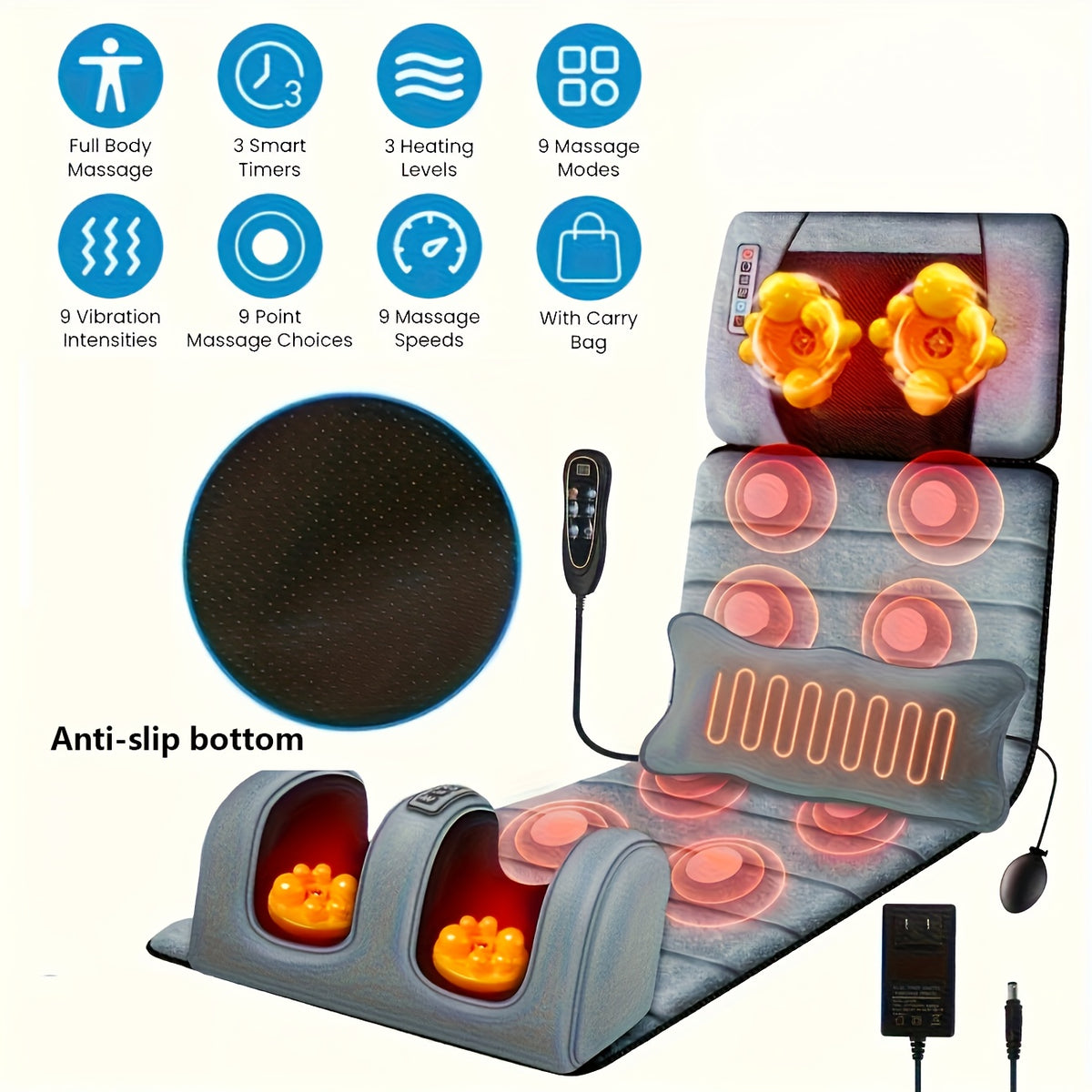 1 Set of Large Gray Full-Body Heating Massager, 2 Styles of Velvet Material, with Neck And Foot Device And Massage Headrest, Lumbar Mat, Timer Vibration Massage, Comfortable And Wear-Resistant, Non-Slip Bottom, Suitable for Home And Office Napping