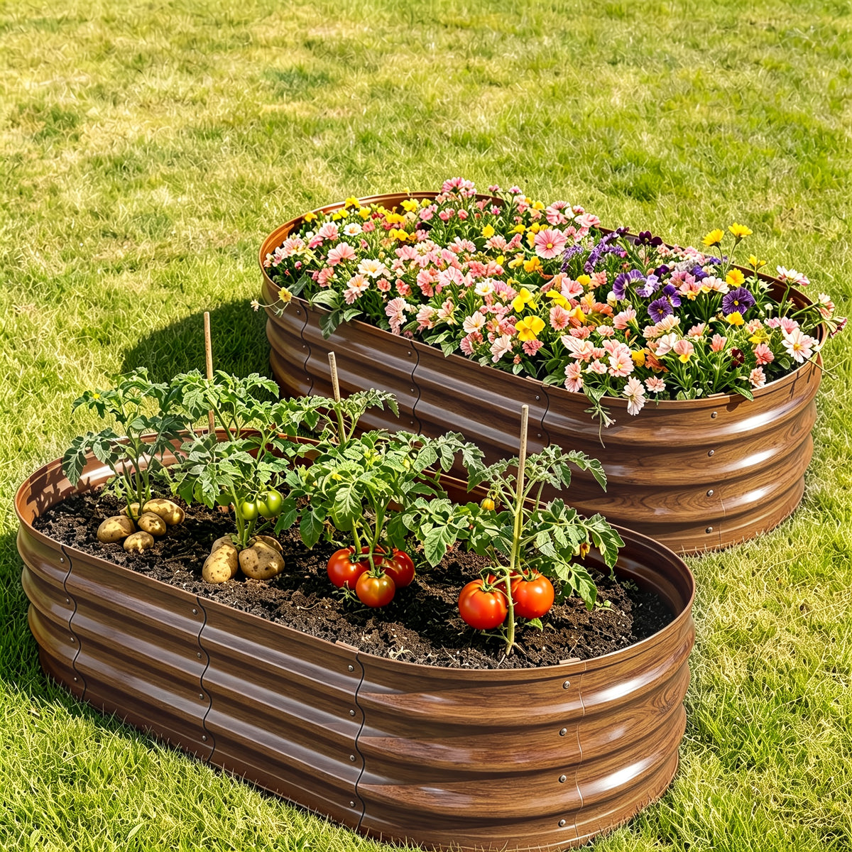 Galvanized Vegetable Garden Bed Set with Oval Metal Planter Design, Outdoor Raised Planting Boxes in Single and Multipack Options for Backyard Gardening