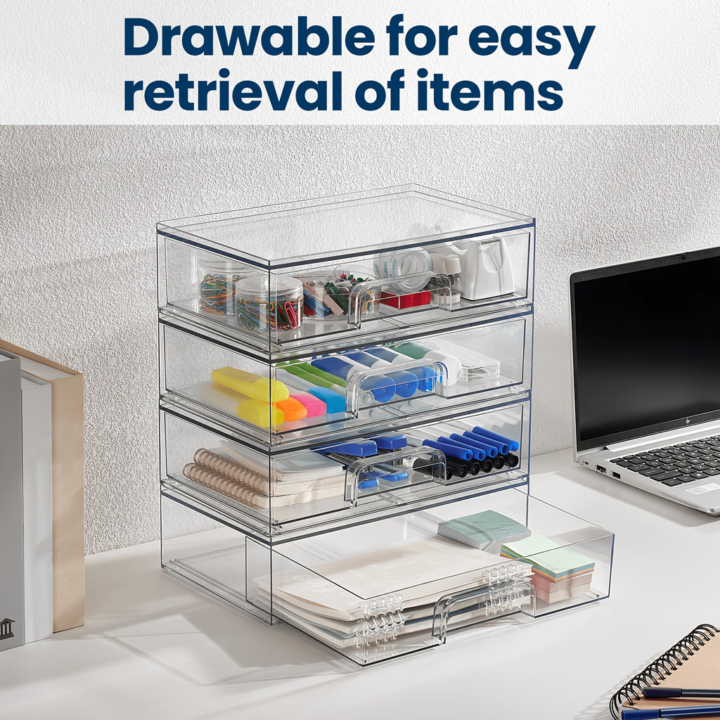 Clear Stackable Storage Drawers in Two-Pack Wide or Four-Pack Wide and High Options, Acrylic Desk Organizers for Office Supplies, Vanity Items and Art Materials
