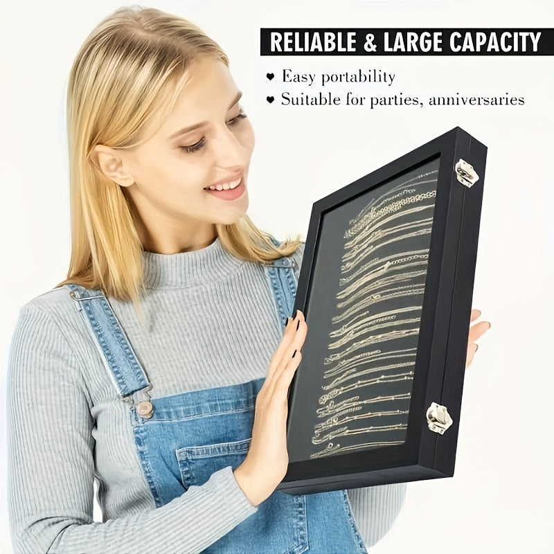 Glass Lid Jewelry Organizer in Black Synthetic Leather with Multi-Compartment Storage, Necklace Box or Earring Box Options for Dressers and Gift Selection