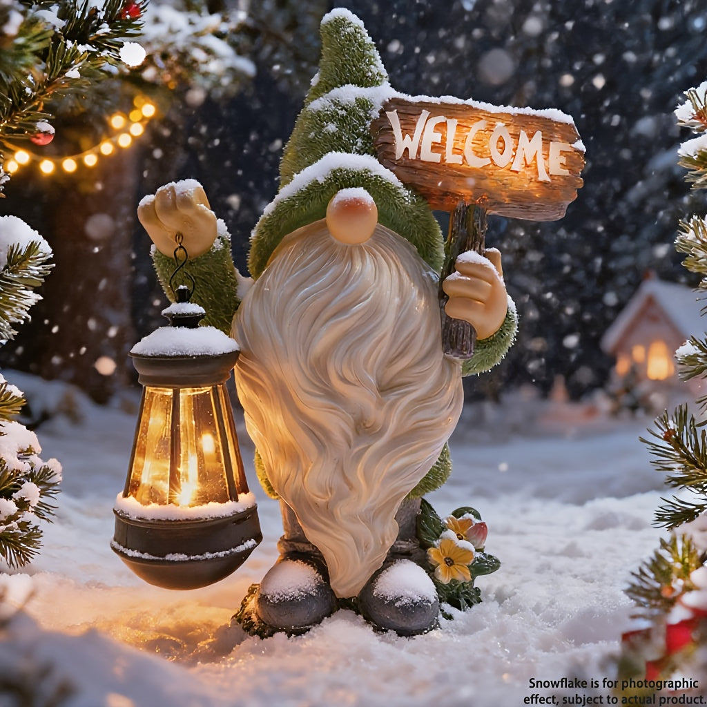 Garden Gnome Statue in Green with Flocked Resin Wording, Solar Lantern and Welcome Sign References for Decorative Porch, Patio and Garden Displays