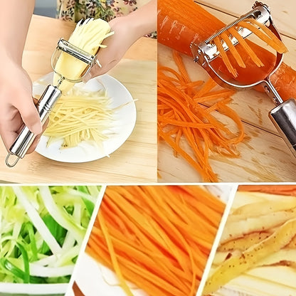 Multi-Use Fruit and Vegetable Peeler in Silvery Stainless Steel, Single Manual Kitchen Tool with Slicing, Grating and Shredding References for Home and RV Meal Prep