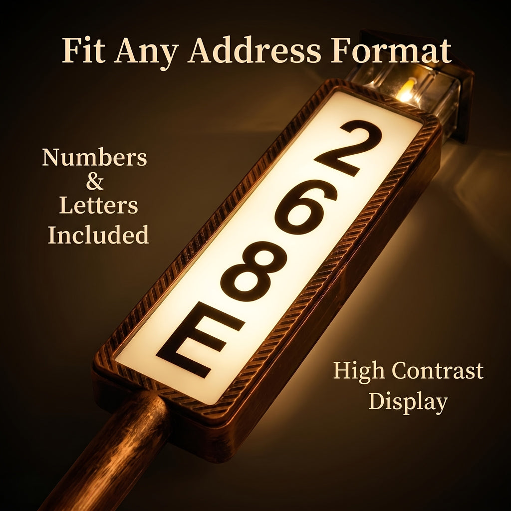 Solar LED Address Sign, House Number Display Board with Three Adjustable Color Mode Label, Black or Retro Design Options for Entryways and Courtyards
