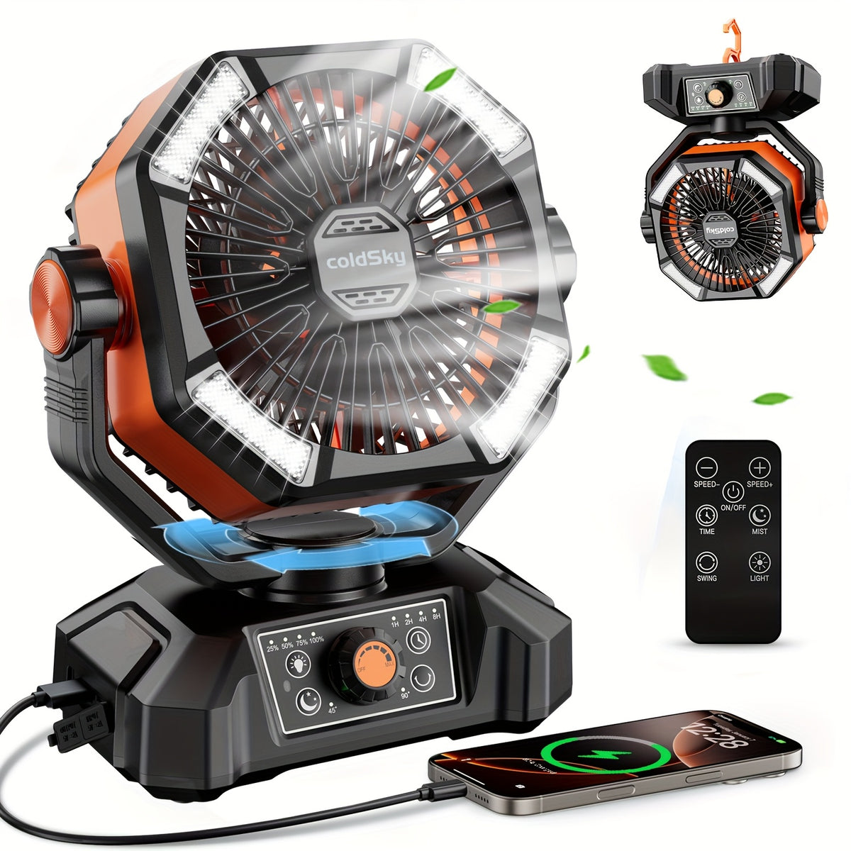Eight-Speed Camping Fan with Remote Control, Dual Motors and USB Rechargeable Lithium Battery in Three Color Combinations for Campsites, Yard BBQs and Travel