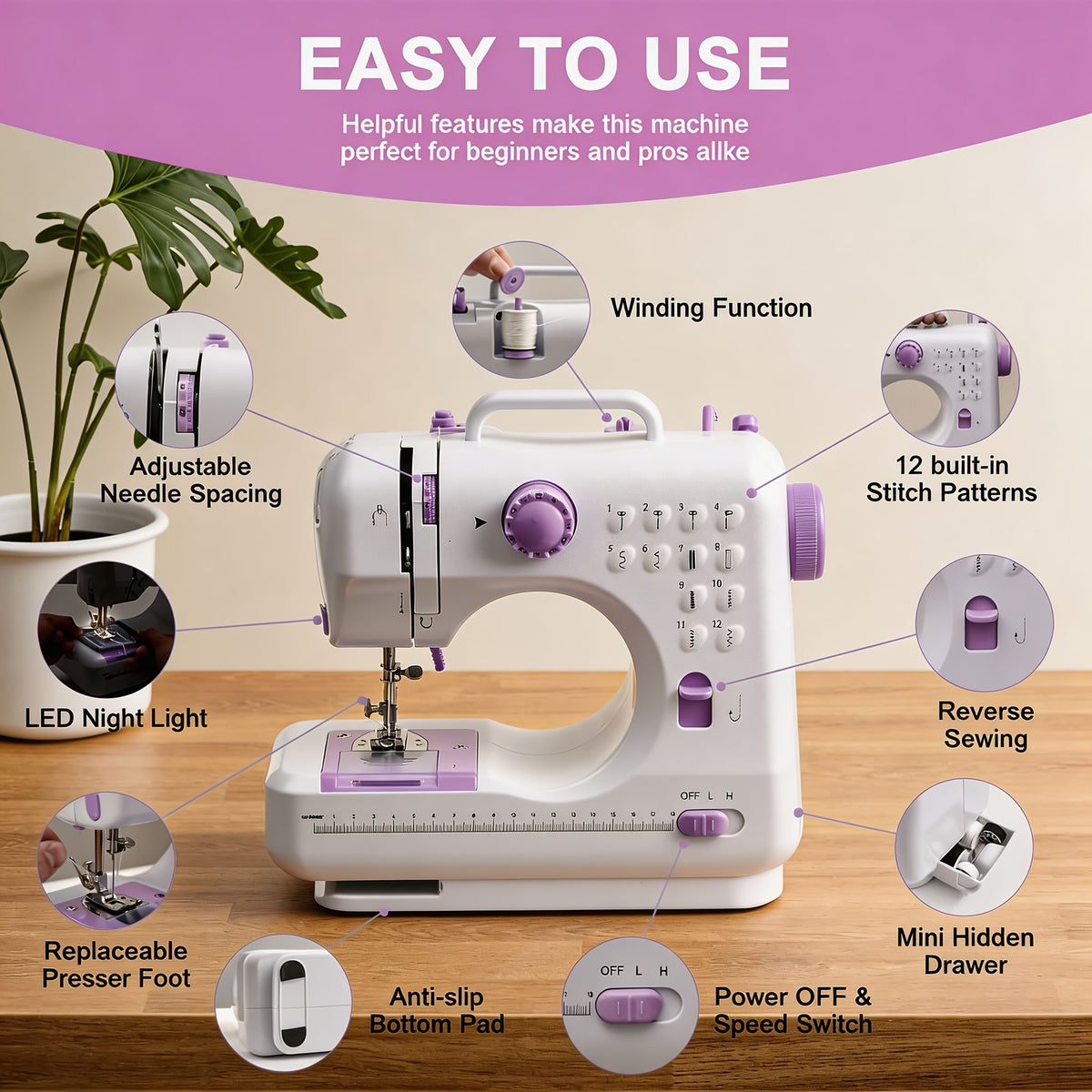 Electric Home Sewing Machine in Light Purple with Listed 12 Stitch Settings, Reverse Sewing, Thread Winding, Tension Dial and Sewing Light for DIY Fabric Projects