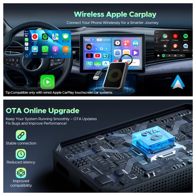 CarPlay Media Box in Black with Listed Wireless CarPlay Adapter, USB Port and Streaming Support for Compatible Factory Wired CarPlay and Android Auto Systems
