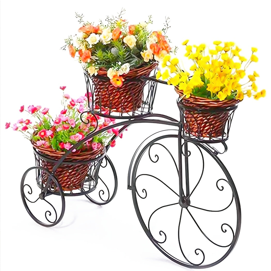 Tricycle Plant Stand in Black or White with Three Iron Pot Holders, Decorative Bicycle Flower Display with Fixed Wheels for Home and Suitable Patio Spaces