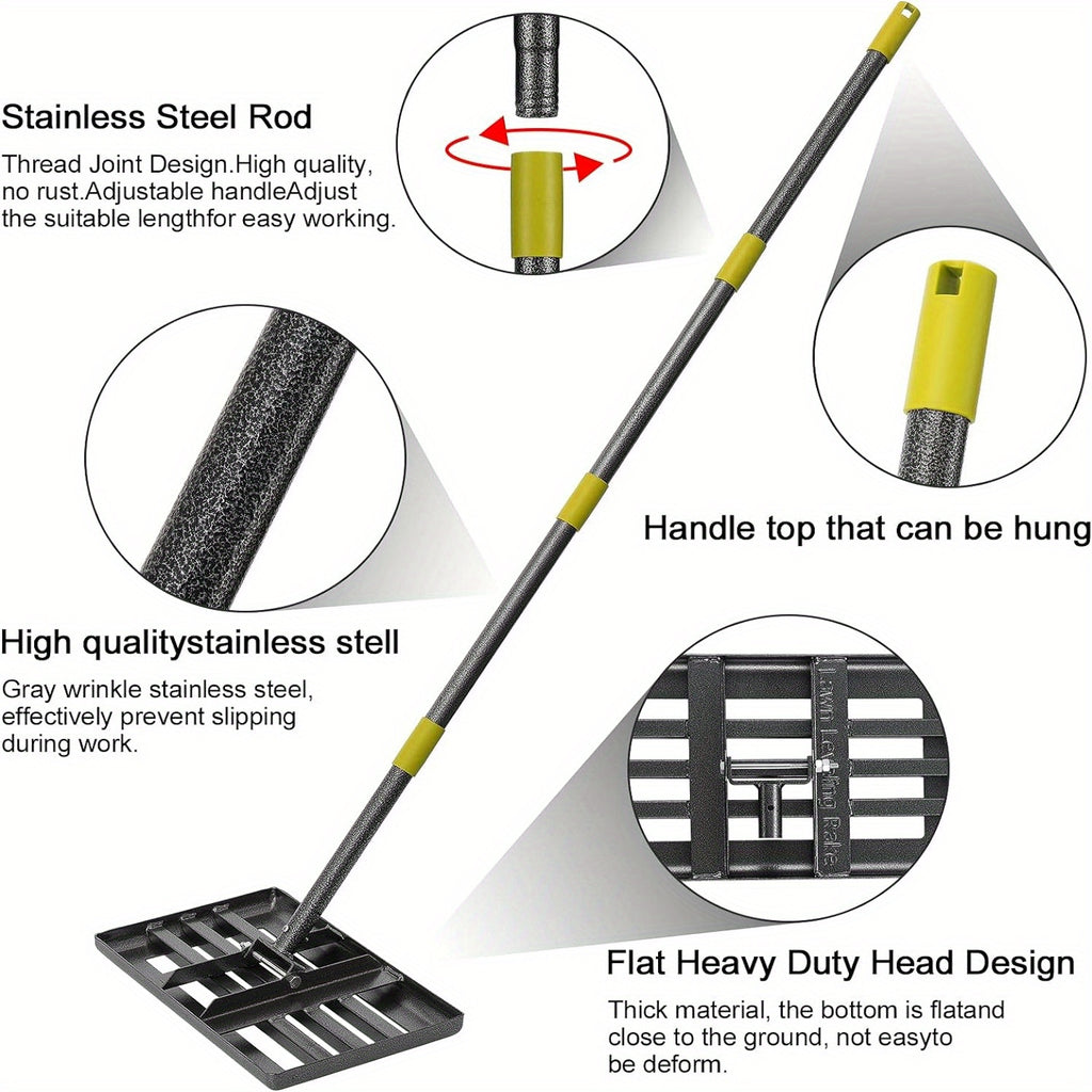 Lawn Leveling Rake in Yellow with 5FT Size Option, Metal Lawn Leveler with Foldable Head and Adjustable Handle for Spreading Sand and Soil in Yards