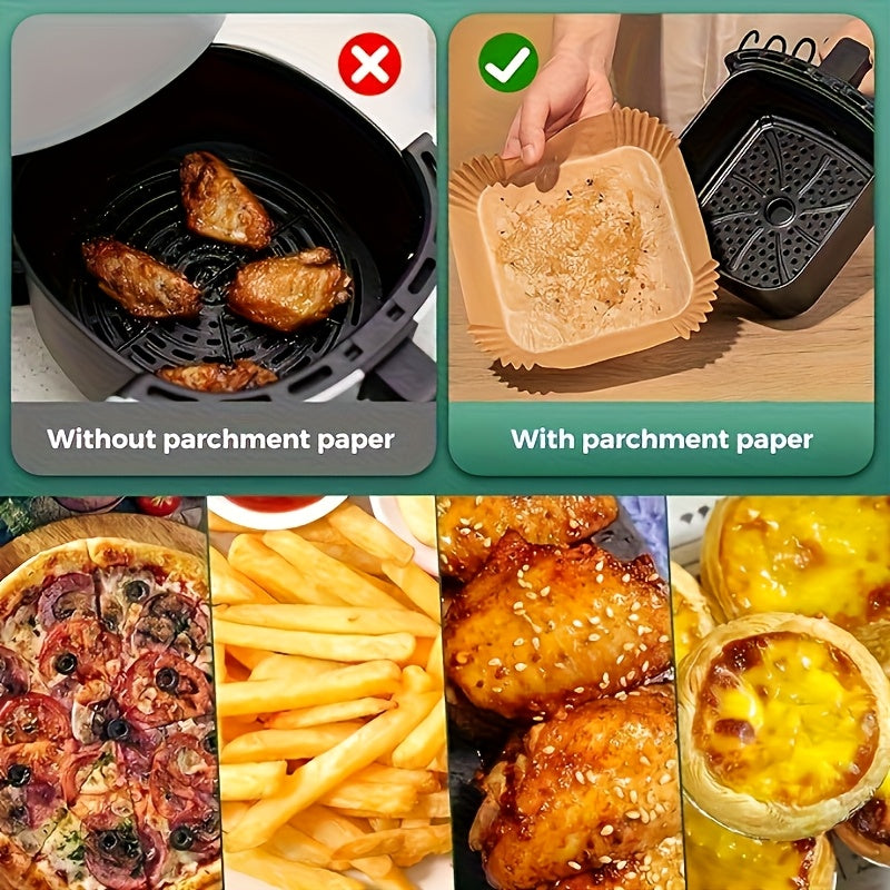 Disposable Air Fryer Paper Liners, 8-Inch Square Bleach-Free Nonstick Baking Liners in 125 or 250 Count Options for Compatible 5–8QT Baskets