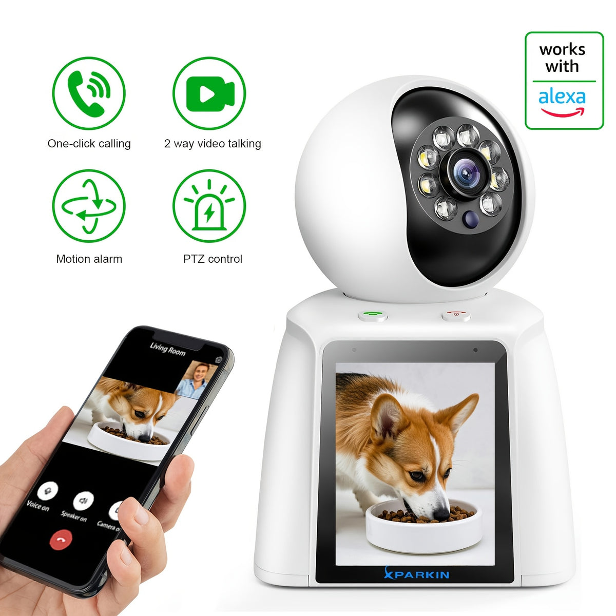 Screen-Equipped Video Call Camera with Listed 3MP Imaging, WiFi Two-Way Video and Audio, One-Click Call Button, PTZ Design and Motion Alerts for Indoor Home Monitoring