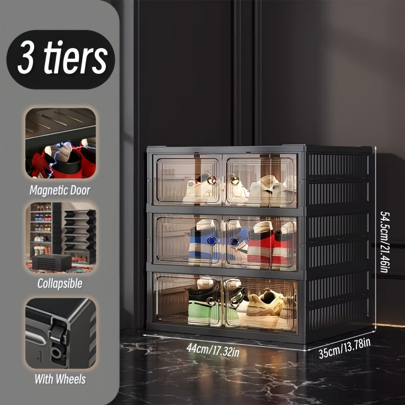 Foldable Shoe Cabinet with Clear Magnetic Doors, Tool-Free One-Piece Design and Listed 3, 6 or 9-Tier Options for Entryway and Hallway Storage