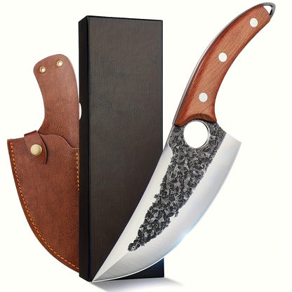 Viking Style Chef Knife with Sheath and Listed Sourwood Handle, Approximately 7-Inch High Carbon Steel Blade for Meat and Vegetable Prep, Camping Cooking and BBQ