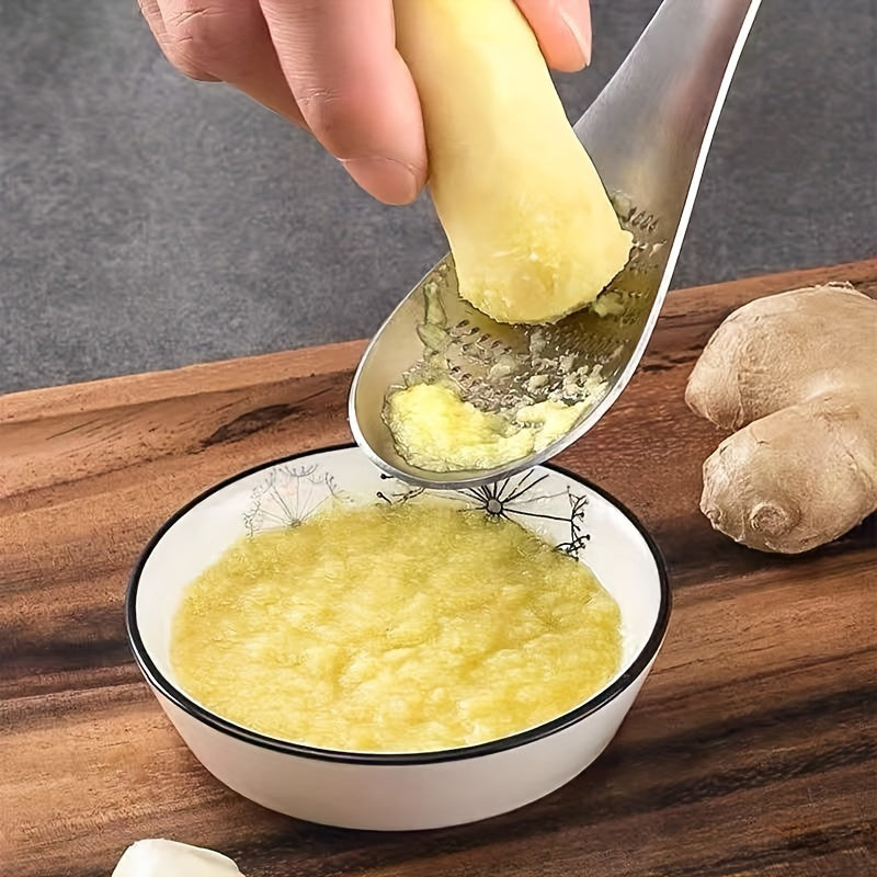 Ginger Grater Spoon, One-Piece Stainless Steel Manual Garlic Masher and Ginger Preparation Tool for Homemade Sauces, Dressings and Everyday Cooking