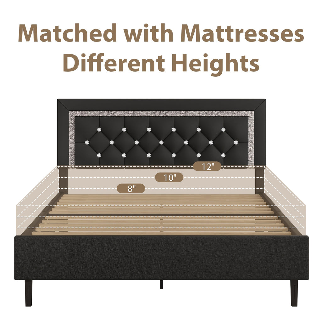 Princess Bed Frame with Diamond Headboard and Wooden Slat Support, Bedroom Furniture in White, Black or Pink with Twin, Full and Queen-1 Size Options