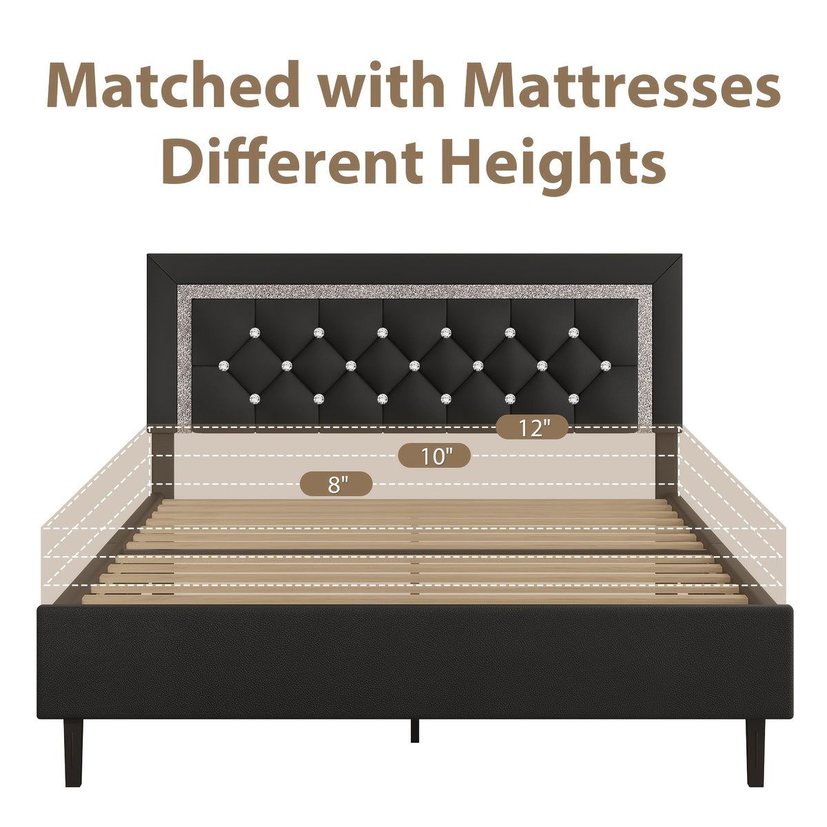 Princess Bed Frame with Diamond Headboard and Wooden Slat Support, Bedroom Furniture in White, Black or Pink with Twin, Full and Queen-1 Size Options