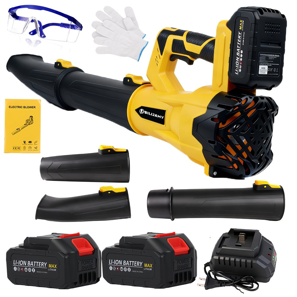 Three-Tube Cordless Leaf Blower Kit with Listed Six Speeds, 580CFM and 160MPH Claims, Yellow One- or Two-Battery and Red Two-Battery Options for Yard Cleanup