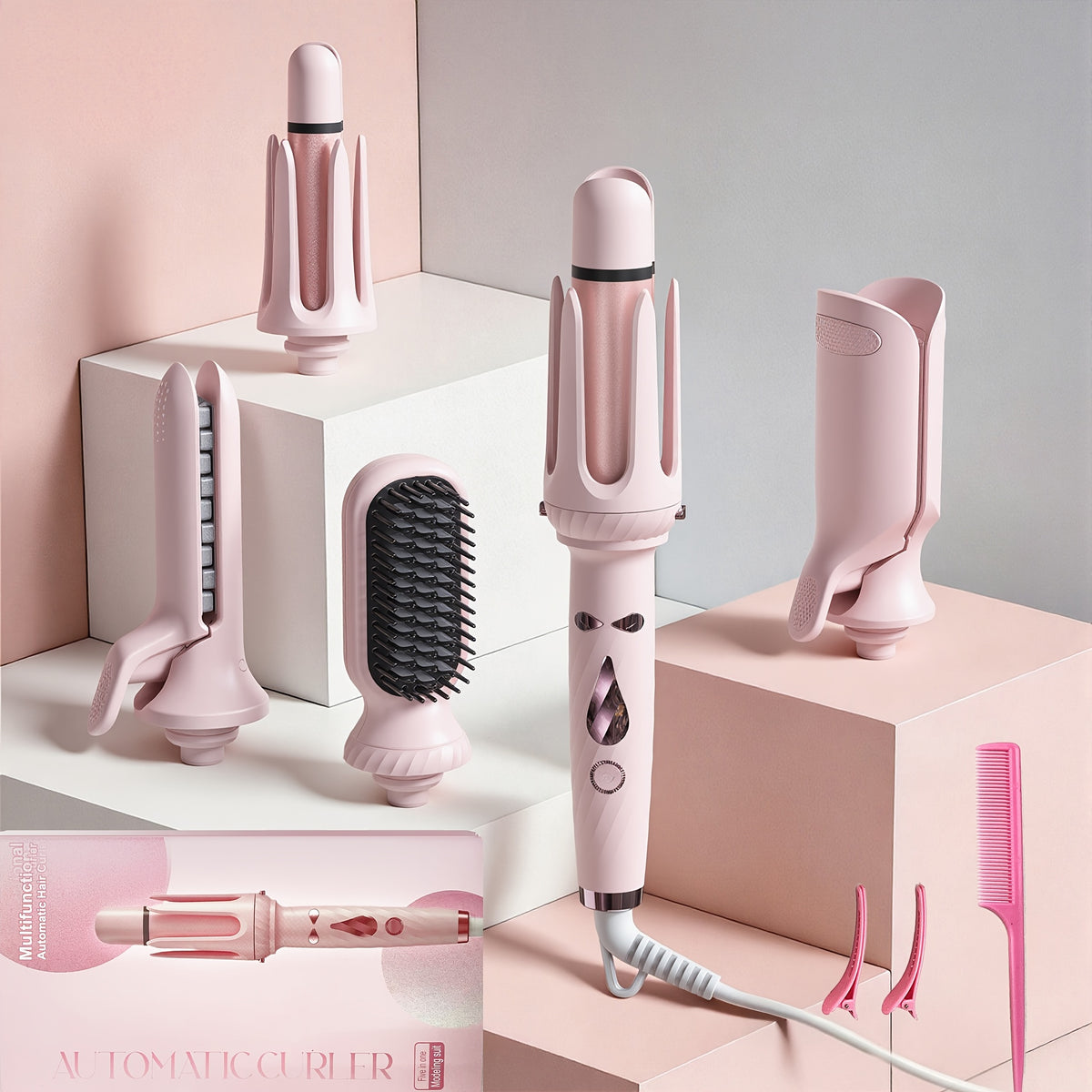 Interchangeable Curling Iron Set 5-in-1 with 25mm and 32mm Wands, Straightening Brush, Wave Styling Head and Root Volumizing Crimper for Home Hair Styling