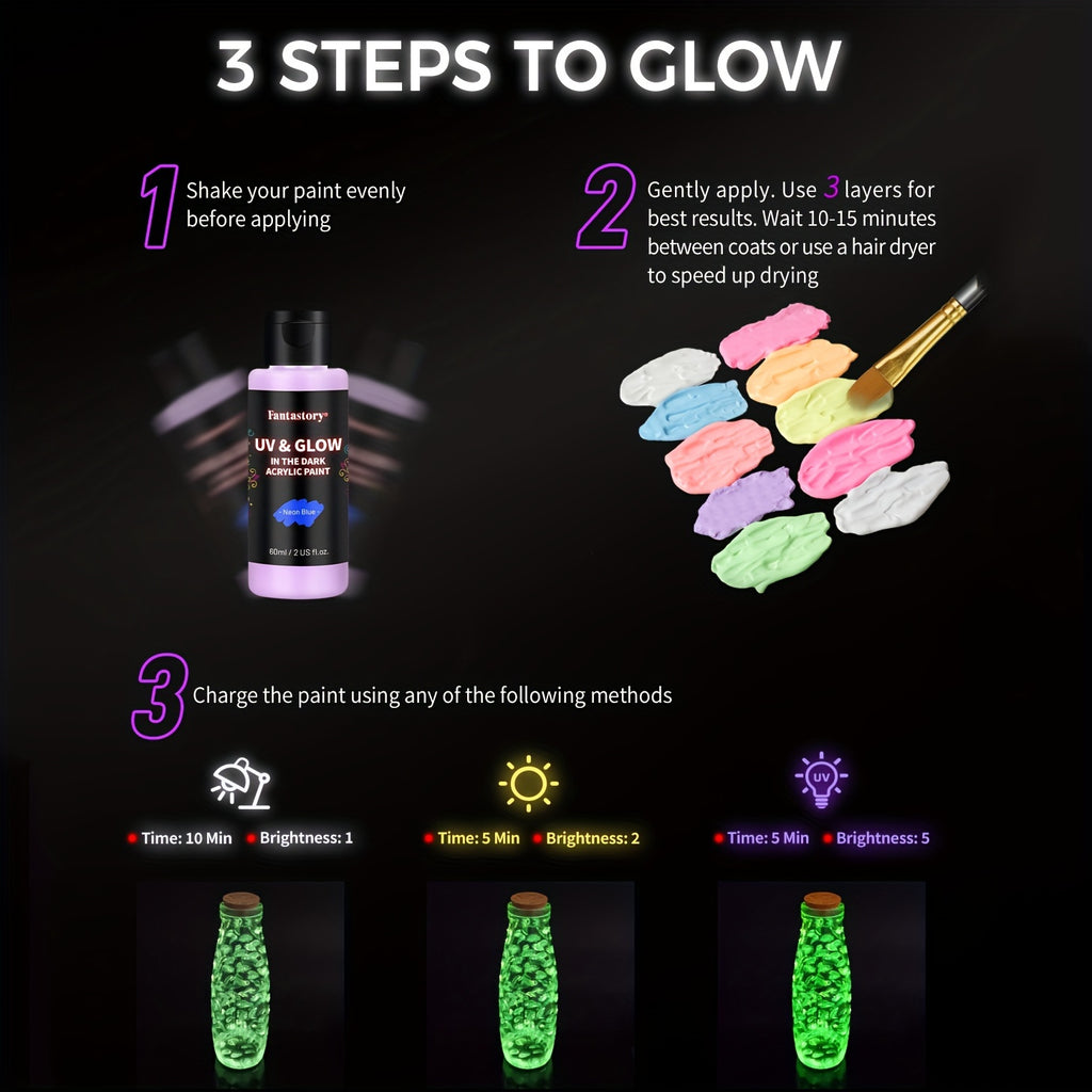 Glow-in-the-Dark Acrylic Paint in 10 Neon Colors with Listed UV-Reactive Effects and 60ml/2oz Wording for Rock Painting, Canvas Art and Seasonal Crafts